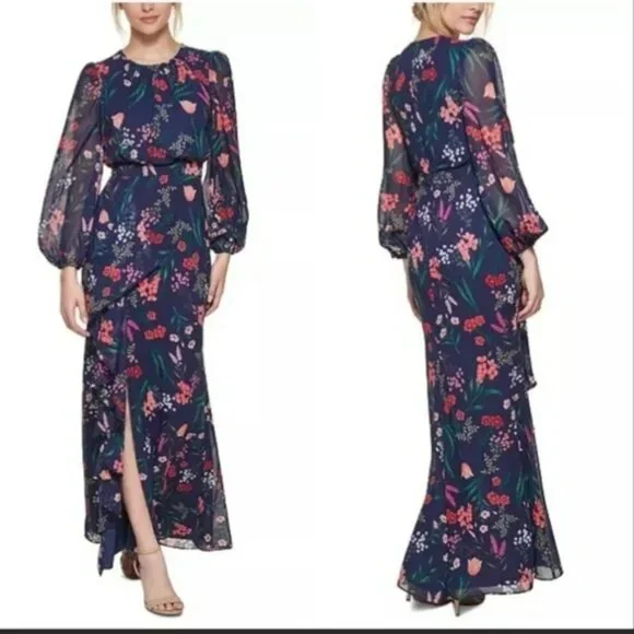 eliza j floral cascade ruffle long sleeve dress Eliza Ej2-9237 Floral Cascade Ruffle Long Sleeve Dress Sz 4 Navy Multi